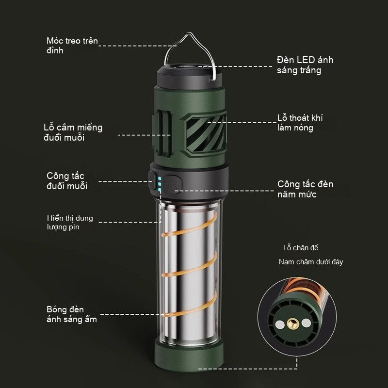 Đèn cắm trại chống muỗi ngoài trời đa chức năng Type-C sạc dài độ bền từ tính hút đèn khí quyển tam