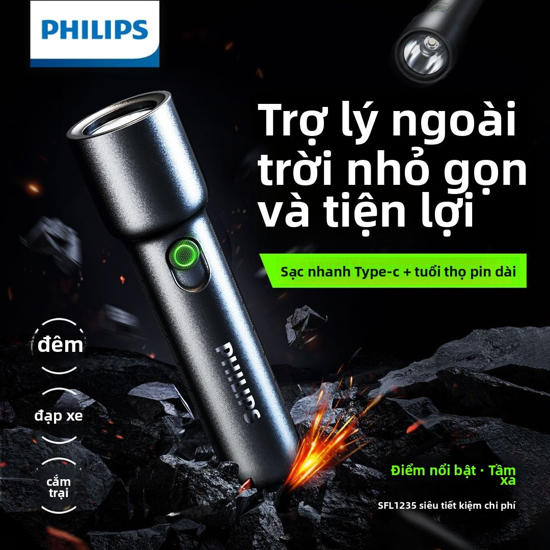 Đèn pin Philips ánh sáng mạnh siêu sáng có thể sạc siêu dài độ bền gia đình ngoài trời di động laser