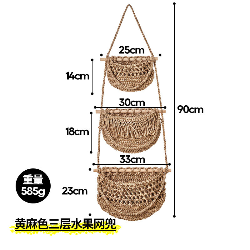 Túi lưới trái cây ba lớp dệt tay đơn giản kết hợp giỏ lưu trữ treo tường nhà bếp có thể tháo rời túi