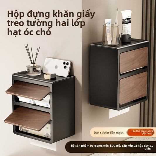 Hộp khăn giấy hai lớp treo tường hạt gỗ trung cổ nhà vệ sinh miễn phí đục lỗ giá đỡ giấy vệ sinh hộp