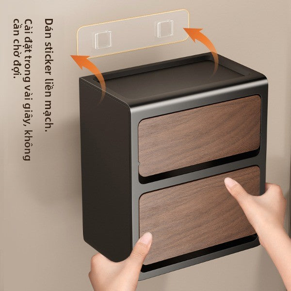 Hộp khăn giấy hai lớp treo tường hạt gỗ trung cổ nhà vệ sinh miễn phí đục lỗ giá đỡ giấy vệ sinh hộp
