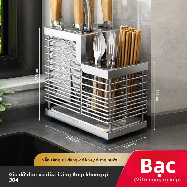 giá đỡ dao 304 thép không gỉ  giá đỡ nhà bếp kệ gia đình mặt bàn đặt đũa dao một mảnh giá lưu trữ tre