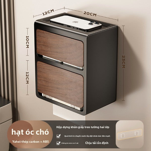 Hộp khăn giấy hai lớp treo tường hạt gỗ trung cổ nhà vệ sinh miễn phí đục lỗ giá đỡ giấy vệ sinh hộp